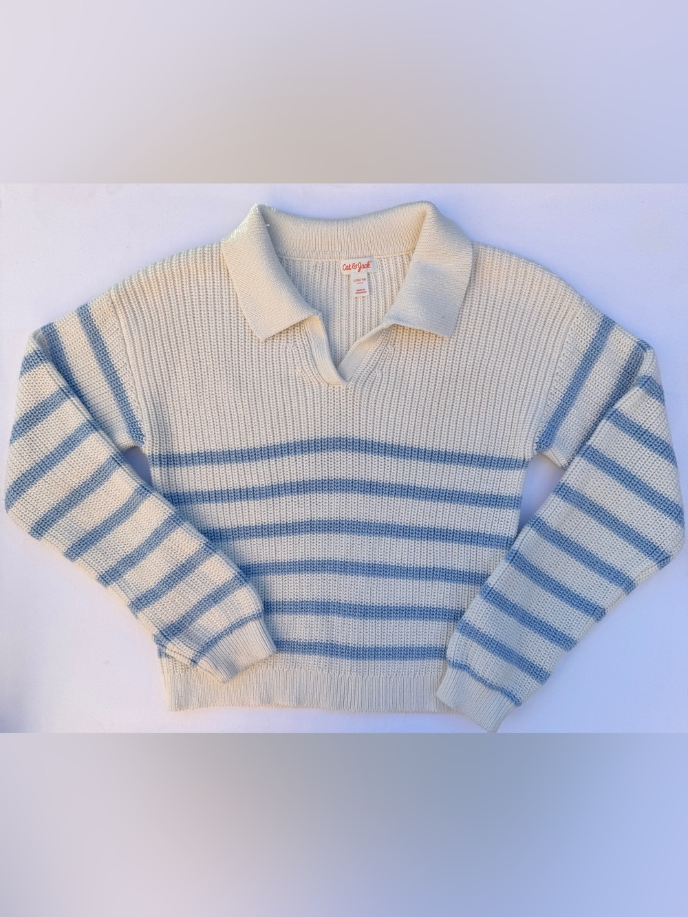 Cat & Jack Girls L 10/12 Cream Blue Striped Collared Sweater NWOT